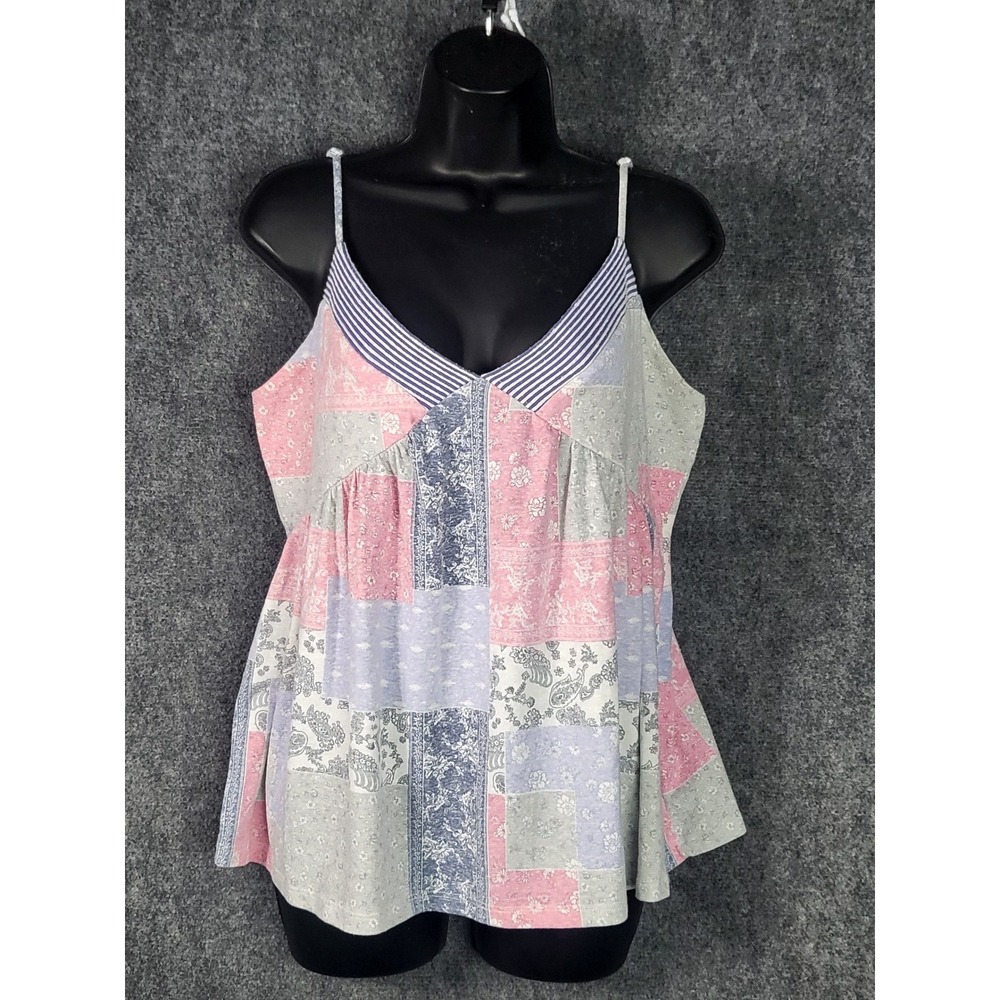Ces‎ Femme Patchwork Cami Top Women Sz L Striped V Neck Pink Multi Cottagecore